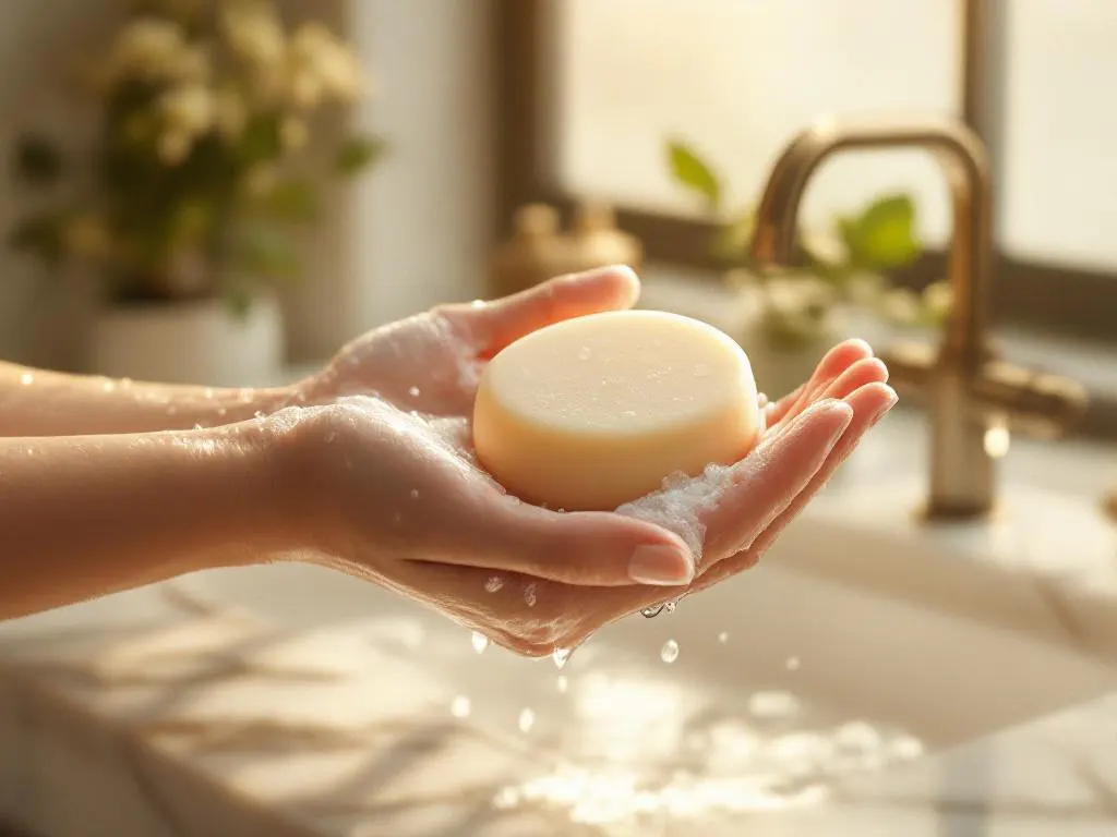 Vrouw houdt crème shampoo bar boven natte handpalm, schuim vormend in moderne badkamer met marmer aanrecht