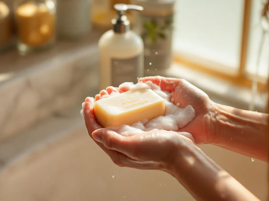 Vrouw wast haar haar met natuurlijke shampoobar, schuim in handen, marmeren badkamer met ochtendlicht