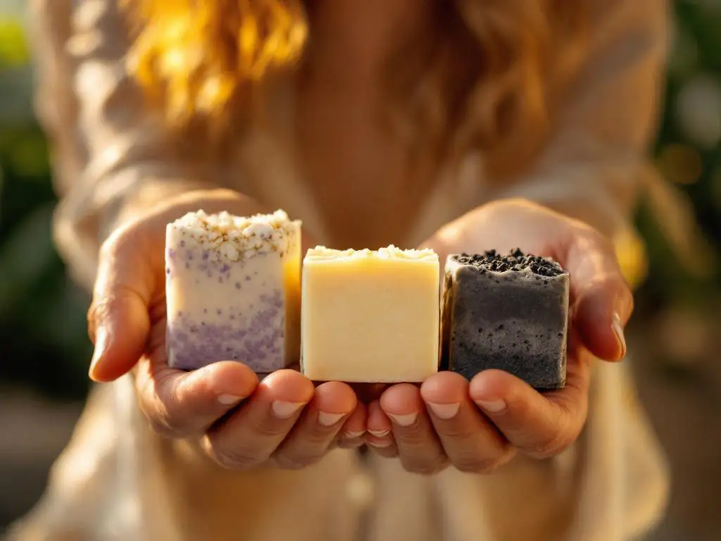 Vrouwenhanden houden drie natuurlijke shampoo bars met haver, lavendel en houtskool in zachte badkamerverlichting