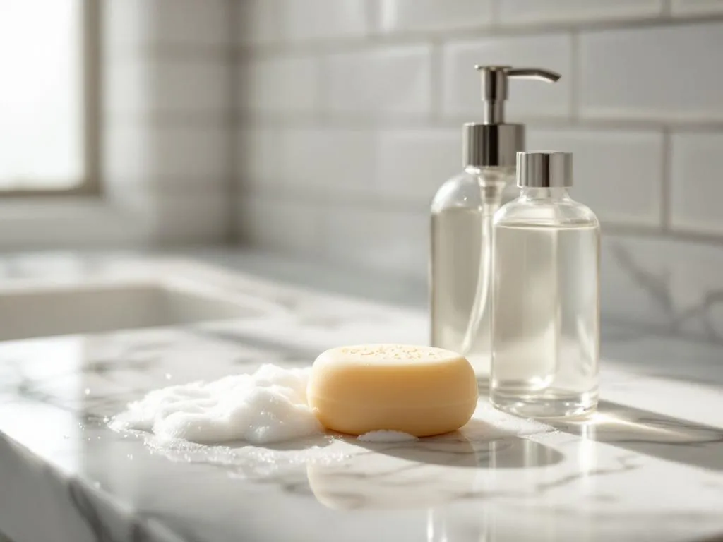Sulfaatvrije shampoo bar en vloeibare shampoo fles op marmeren badkamer aanrecht met waterdruppels en natuurlijk licht