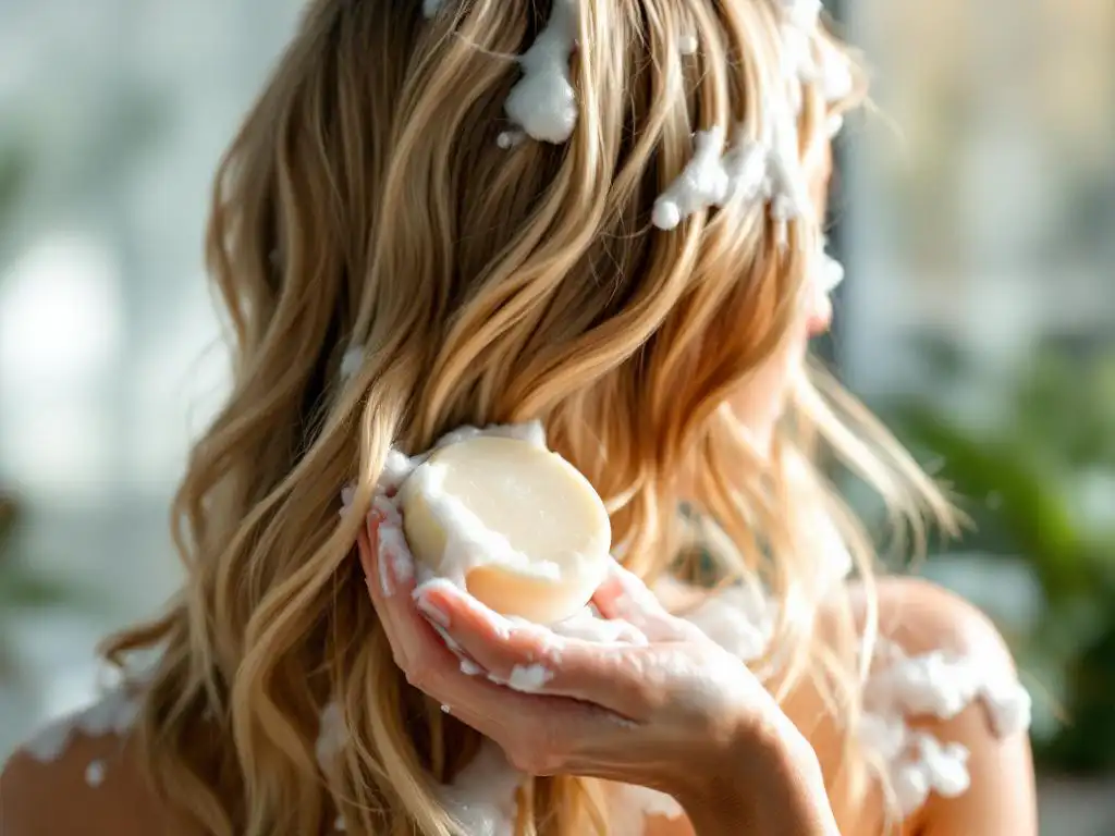 Vrouw wast blonde haren met milieuvriendelijke shampoobar, witte schuim zichtbaar in natuurlijk licht