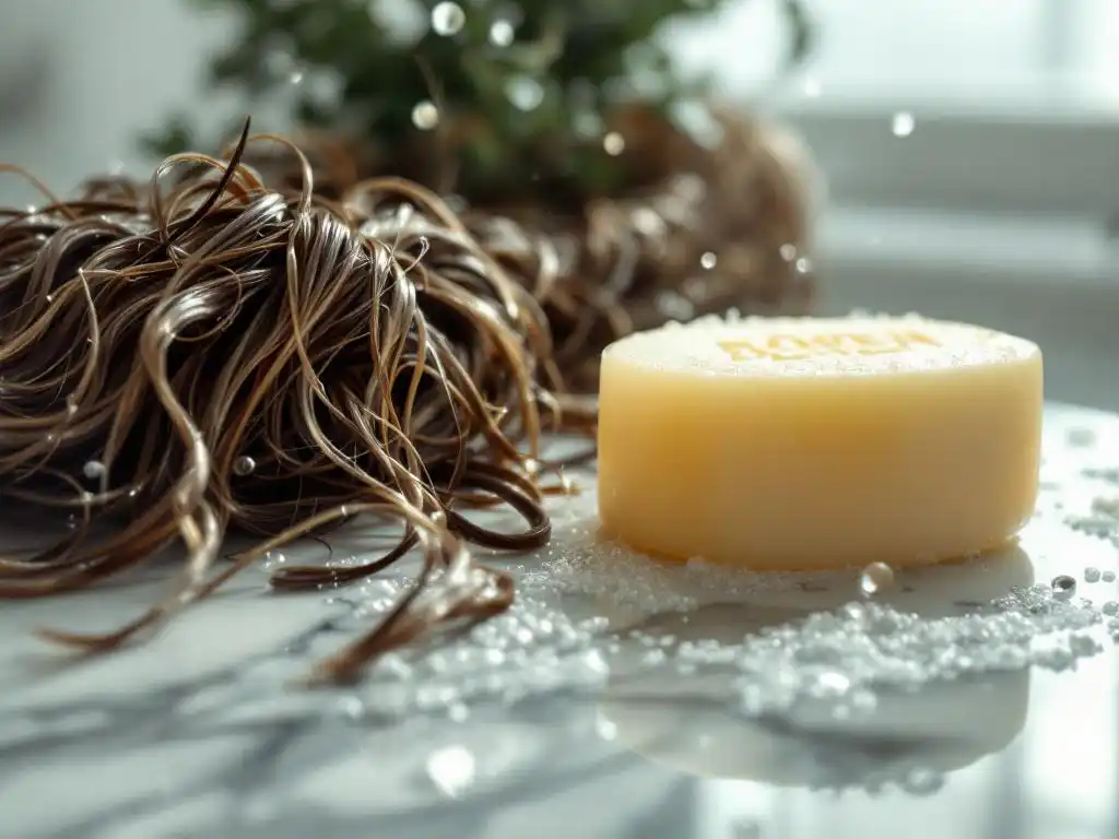 Vochtig haar met wasachtige textuur door shampoobar residue op marmeren badkamerblad met waterdruppels