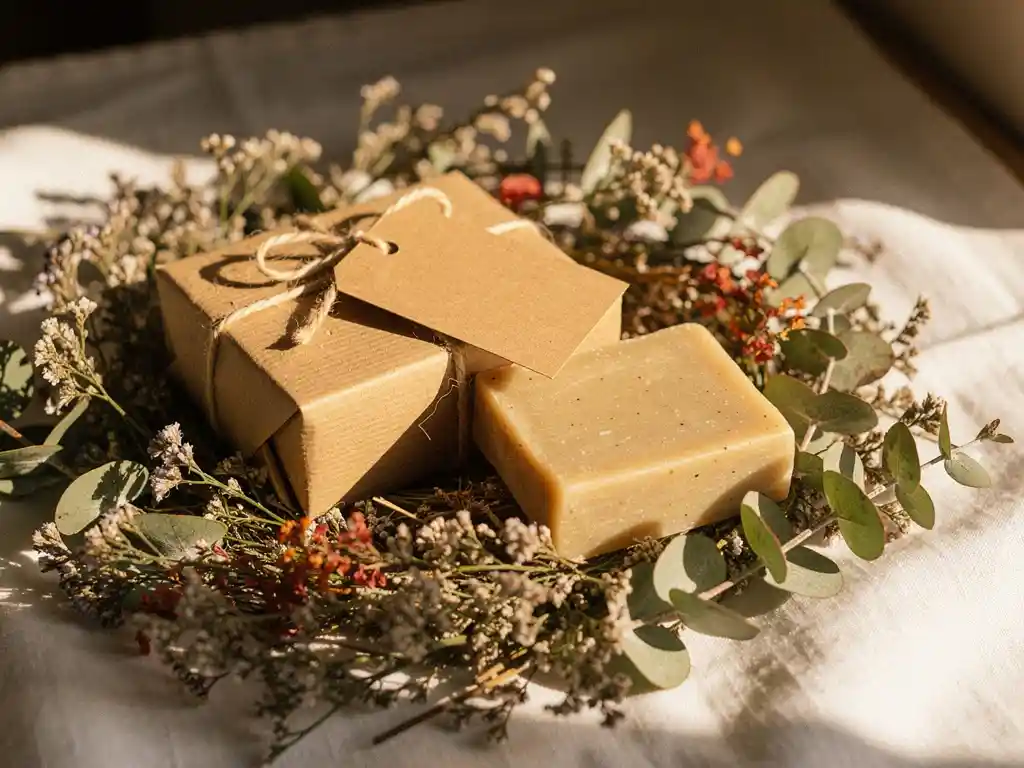 Blokzeep shampoobar en conditionerbar als cadeau verpakt op gedroogde bloemen en eucalyptus, met kraftpapieren label en touw.