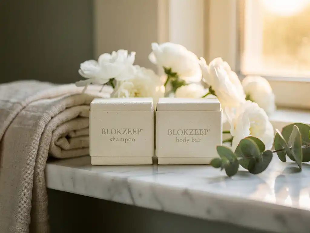 Blokzeep shampoobar en bodybar op marmeren badkamerplank met witte bloemen, eucalyptustakjes en linnen handdoek in warm ochtendlicht.