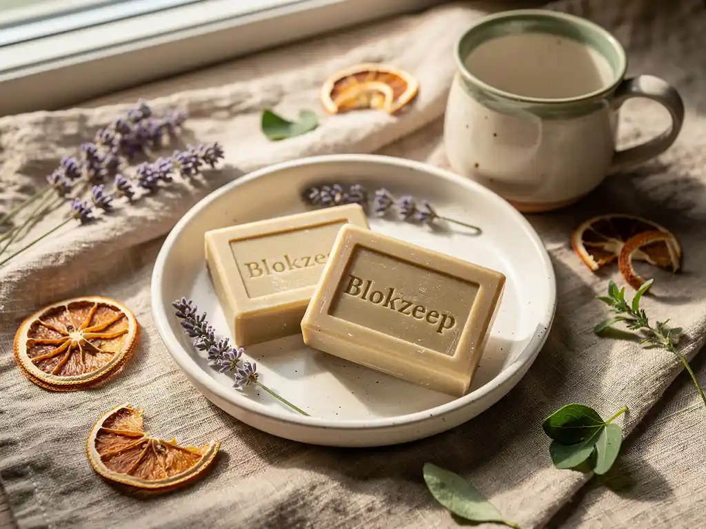 Blokzeep shampoobar en bodybar in keramische schaal met lavendel, gedroogde sinaasappelschijfjes en linnen doek in warm natuurlijk licht.